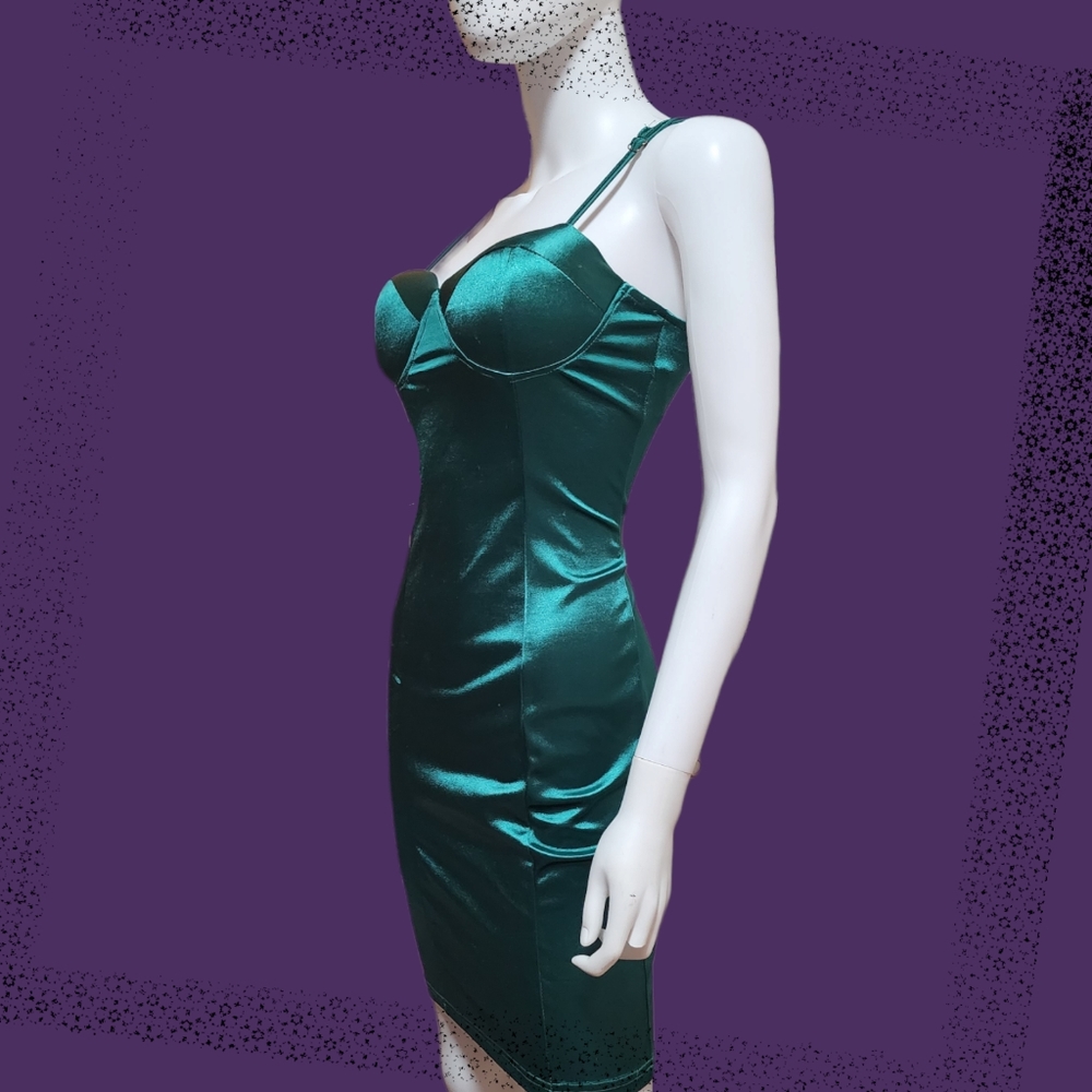 Dark Green Silky Bustier Mini Dress